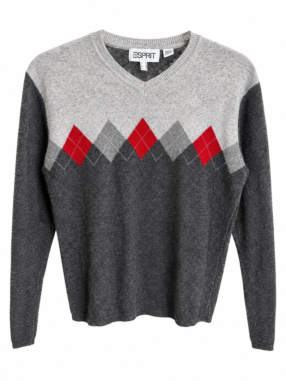 Vintage Y2K Esprit Argyle V-Neck Sweater Size M Red Grey Cashmere Wool mix